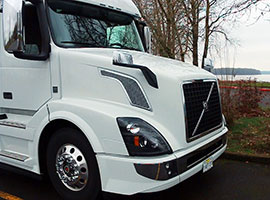 White semi-truck parked near trees and lake.